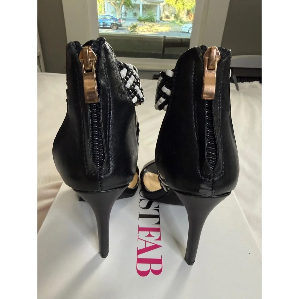 JustFab Terryn Black White Woven Stiletto Heel Sandals 5.5 354413-18-55